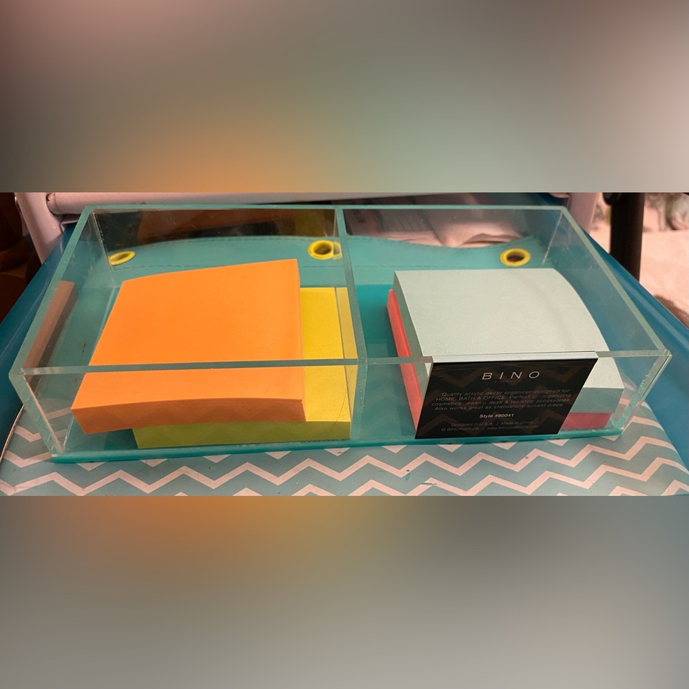 “Bino” aqua double sided Acrylic Organizer for office use (shown w Sticky Notes)